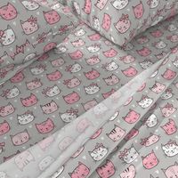 Pink Cat Cats  Faces with Bows and Hearts on Grey