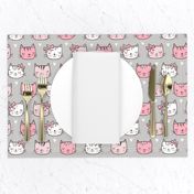 Pink Cat Cats  Faces with Bows and Hearts on Grey