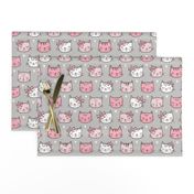 Pink Cat Cats  Faces with Bows and Hearts on Grey