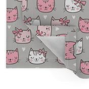 Pink Cat Cats  Faces with Bows and Hearts on Grey