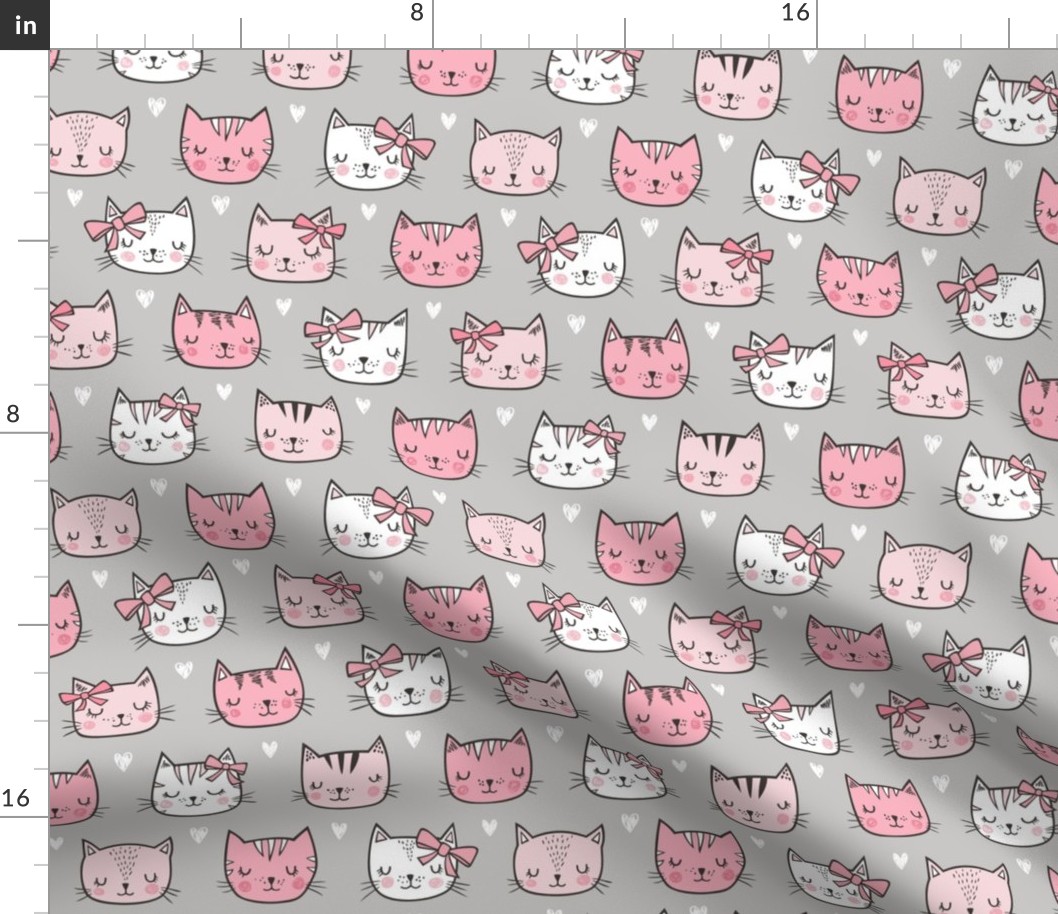 Pink Cat Cats  Faces with Bows and Hearts on Grey