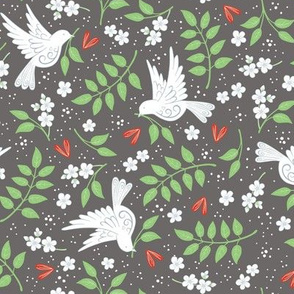 Doves, Jasmine and Hearts on dark grey