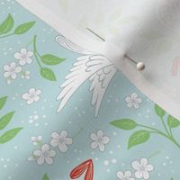 Doves Jasmine and Hearts on pastel blue