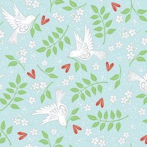 Doves Jasmine and Hearts on pastel blue