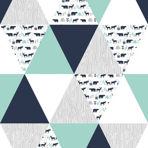 woodland camping triangle cheater quilt navy mint and grey