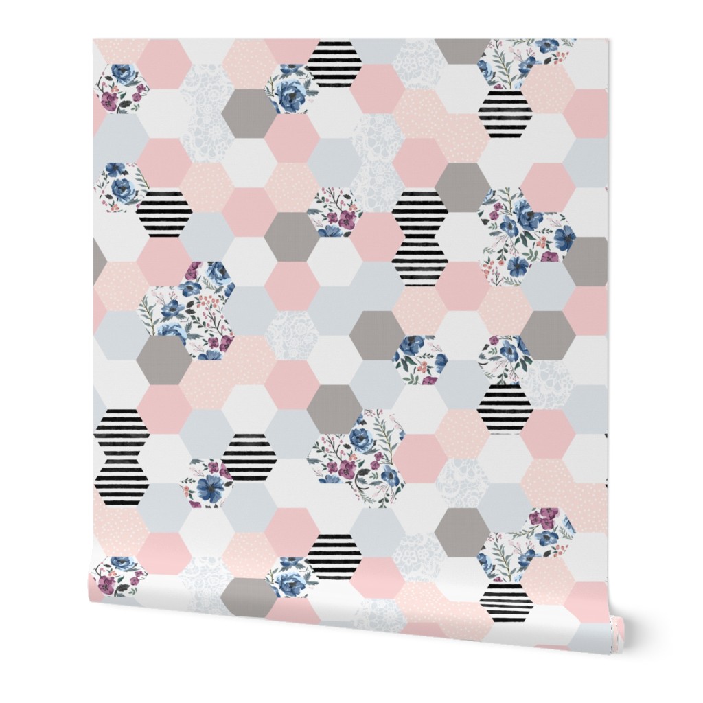 Hexi Wholecloth Floral & Stripes - Berry Meadow Floral