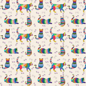 Colorful Cross-stitch Cats on a pale peach lattice background