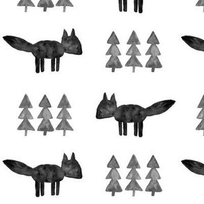 monochrome fox and trees  || watercolor fabric