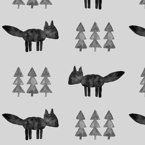 monochrome fox and tree (fog) || watercolor fabric