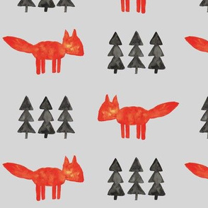 watercolor fox and trees (fog) || woodland fabric