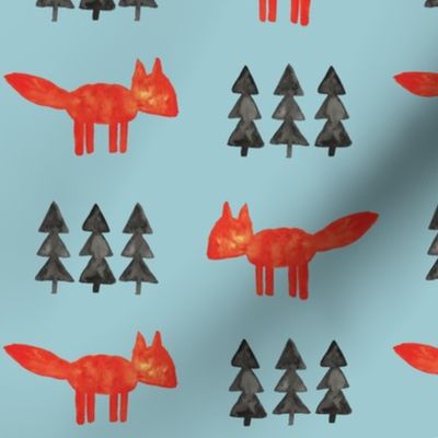 watercolor fox and trees || blue woodland fabric