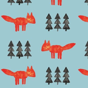 watercolor fox and trees || blue woodland fabric