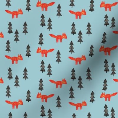 fox woods on blue || watercolor fabric