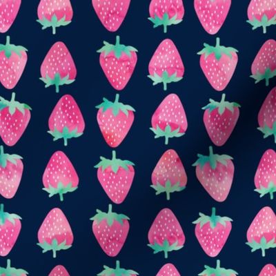 strawberries - watercolor pink on navy 