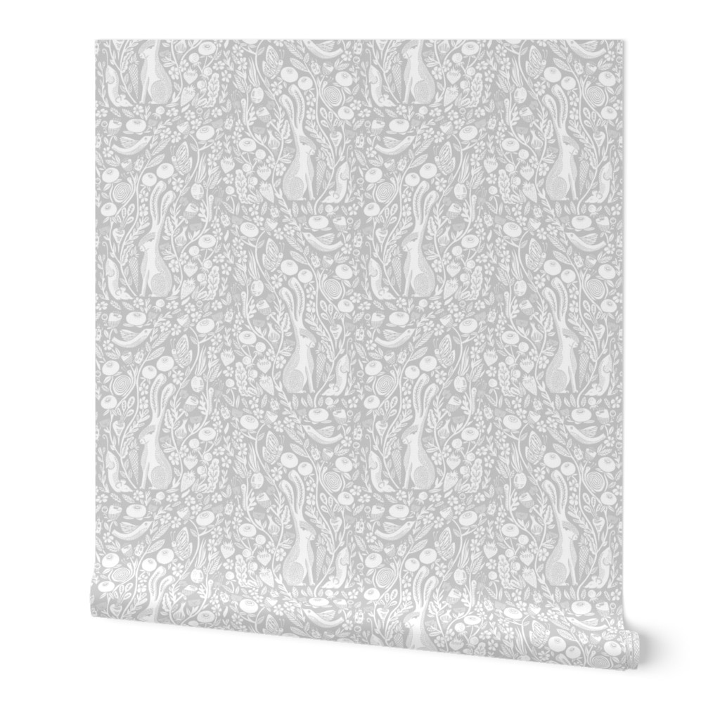 hare // linocut light grey silver grey botanical print neutral design andrea lauren linocut woodcut wallpaper