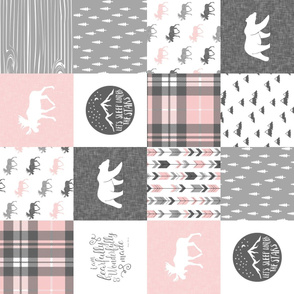 4" text - pink and grey woodland wholecloth (90) patchwork blanket - fearfully and wonderfully made