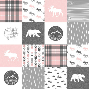 4" text - pink and grey woodland wholecloth patchwork blanket - fearfully and wonderfully made