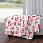 Rooster Strut White Red Toile 