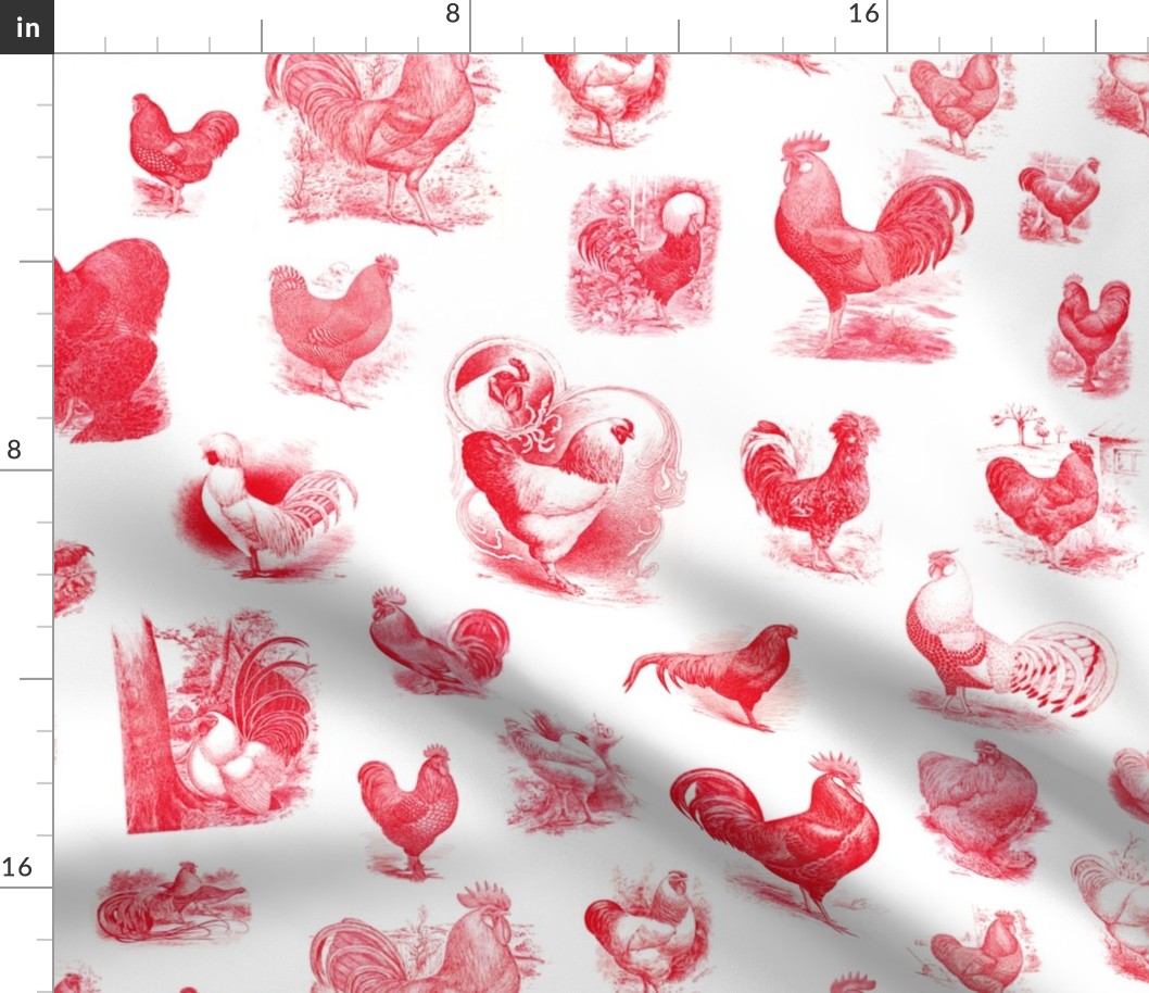 Rooster Strut White Red Toile 