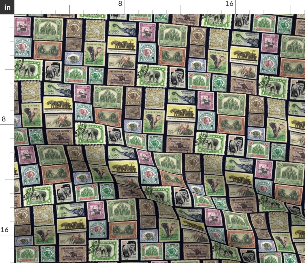 Elephant postage stamps - life sized on black