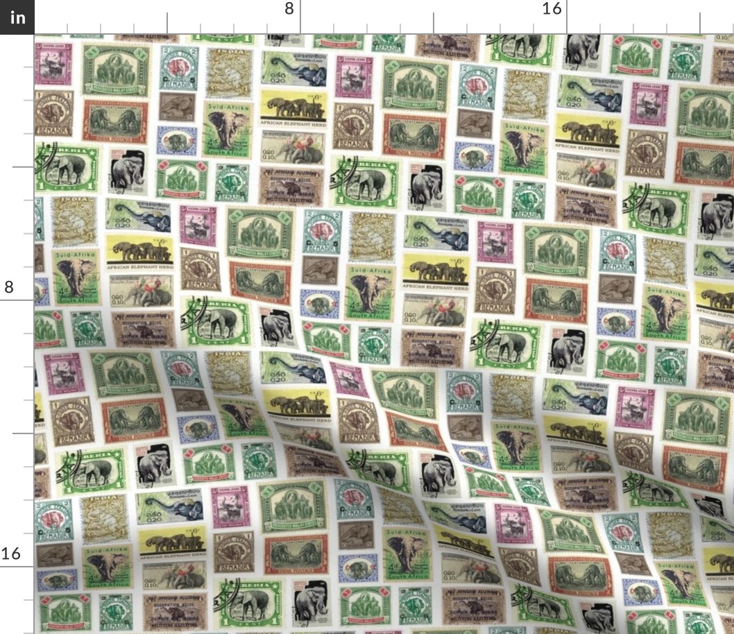 Elephant postage stamps - life sized on white