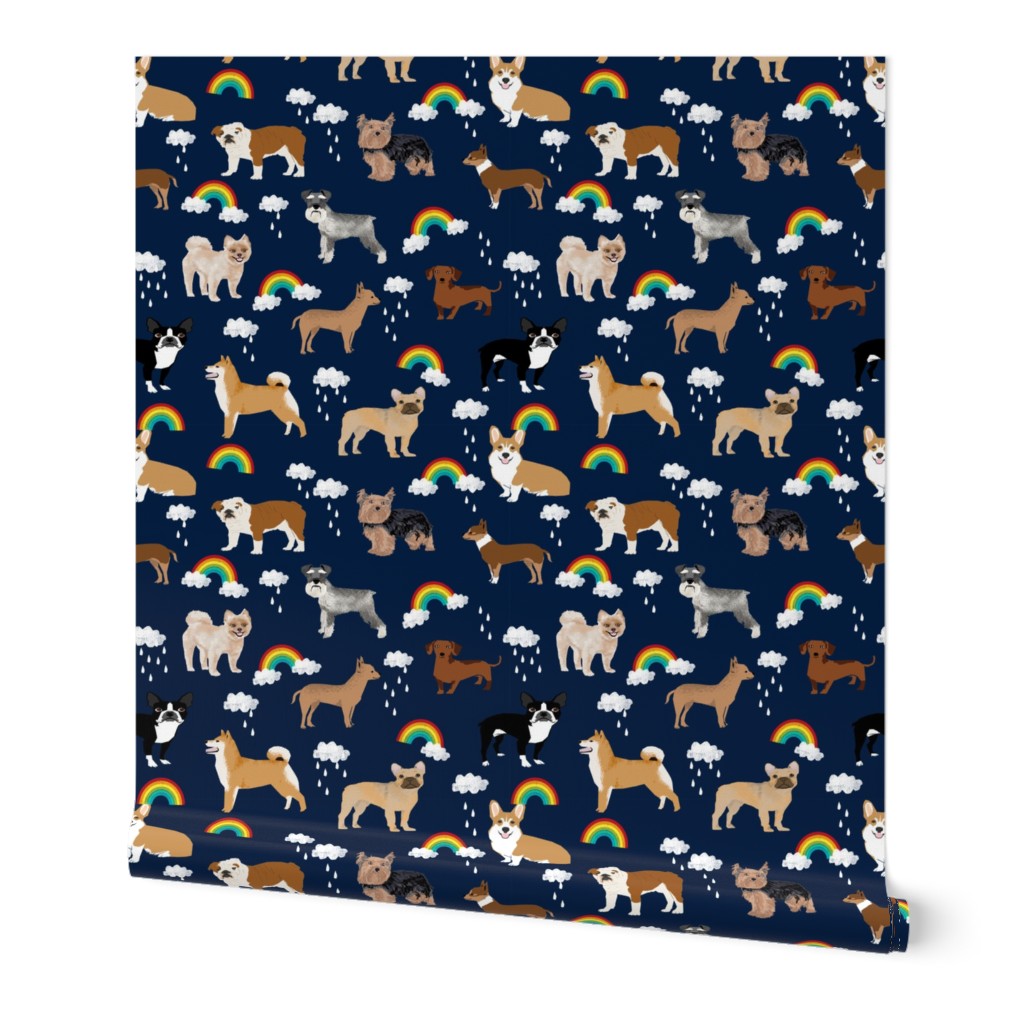 rainbows and dogs fabric mixed breeds dogs kawaii fabric - dark navy