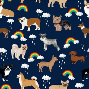 rainbows and dogs fabric mixed breeds dogs kawaii fabric - dark navy