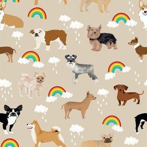 rainbows and dogs fabric mixed breeds dogs kawaii fabric - khaki