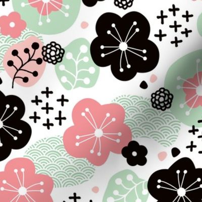 Japan cherry blossom flowers for print pink mint