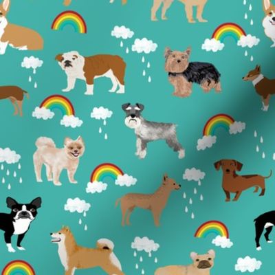 rainbows and dogs fabric mixed breeds dogs kawaii fabric - turquoise