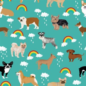 rainbows and dogs fabric mixed breeds dogs kawaii fabric - turquoise