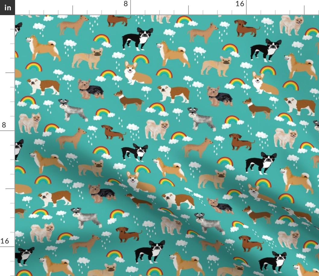 rainbows and dogs fabric mixed breeds dogs kawaii fabric - turquoise