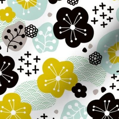 Japan cherry blossom flowers for print yellow mint