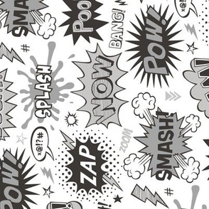 Superhero Comic Pop art Speech Bubbles Words Black & White Grey Rotated