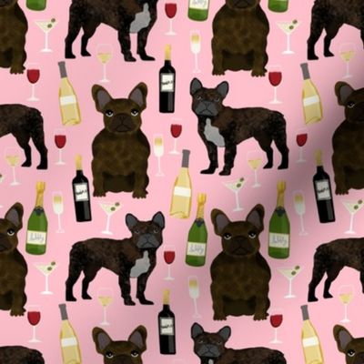 frenchie fabric with wine bottles, champagne, martinis cute french bulldog brindle design - pink