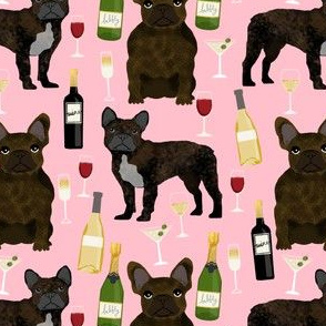 frenchie fabric with wine bottles, champagne, martinis cute french bulldog brindle design - pink