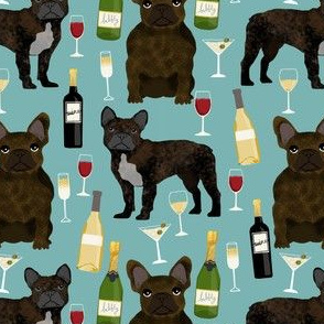 frenchie fabric with wine bottles, champagne, martinis cute french bulldog brindle design - gulf blue