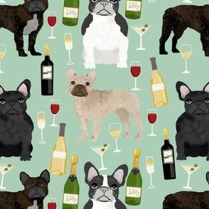 french bulldogs and wine fabric champagne bubbly celebrate fabric frenchies design - mint green