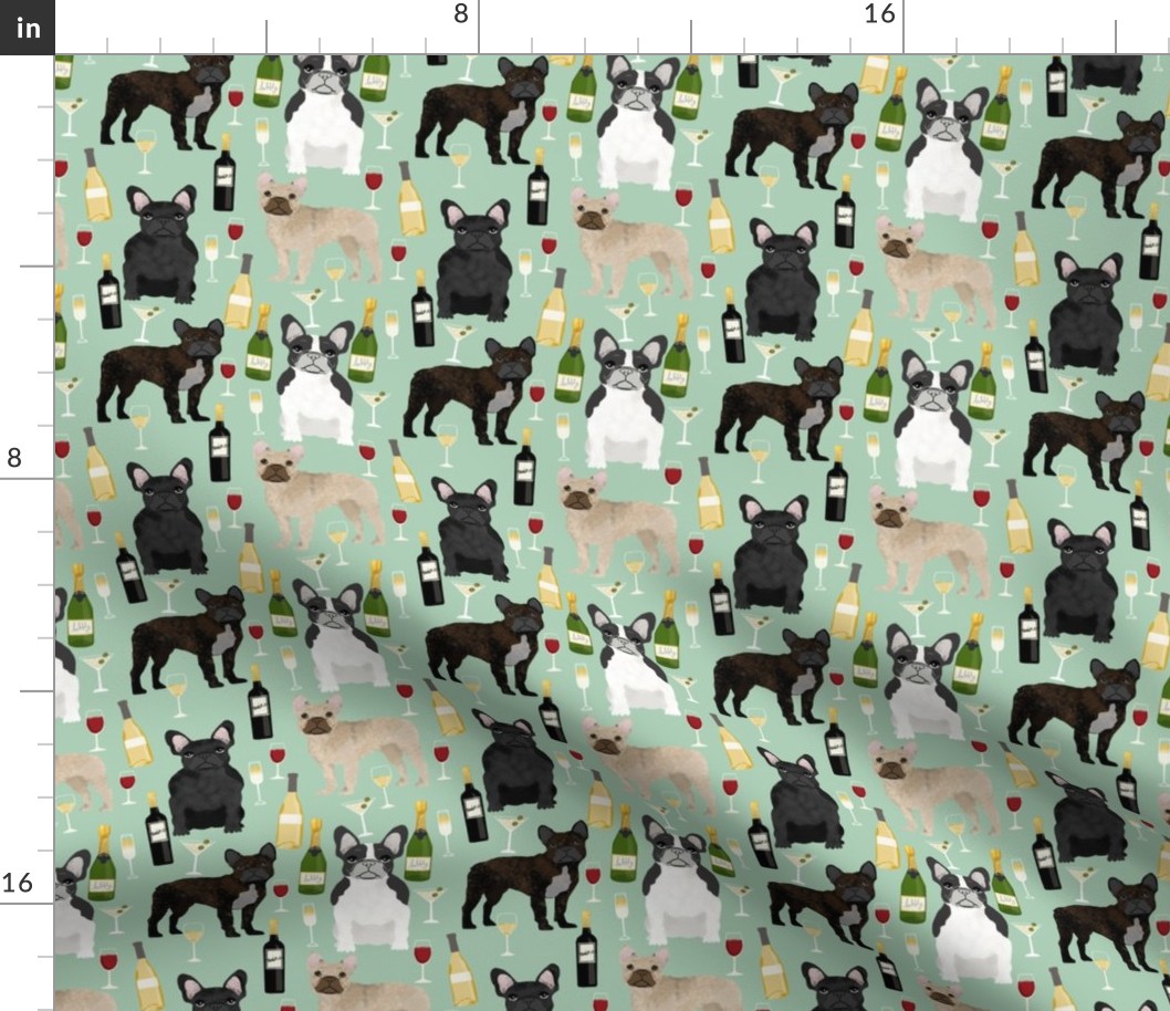french bulldogs and wine fabric champagne bubbly celebrate fabric frenchies design - mint green