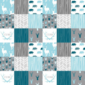 3" Square Cheater Quilt - Winslow Woodland - Blue, Teal, grey, deer, bear, arrows, wood