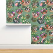 12-inch Repeat of Spring Awakens Bunnies and Flowers, Circles on Woodland Green