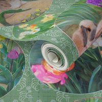 12-inch Repeat of Spring Awakens Bunnies and Flowers, Circles on Woodland Green