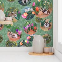12-inch Repeat of Spring Awakens Bunnies and Flowers, Circles on Woodland Green