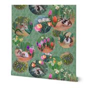 12-inch Repeat of Spring Awakens Bunnies and Flowers, Circles on Woodland Green