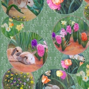 12x12-Inch Repeat of Spring Awakens Bunnies and Flowers, Circles on Woodland Green