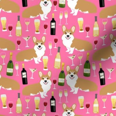 corgi_winecorgis and wine fabric champagne bubbly celebrate fabric corgi design - pink