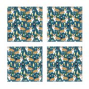 corgis and wine fabric champagne bubbly celebrate fabric corgi design - sapphire blue