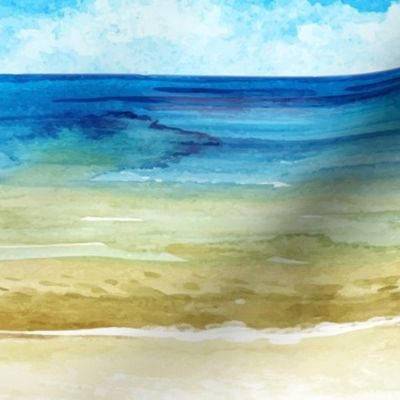 Watercolor Beach Ocean Summer Sky