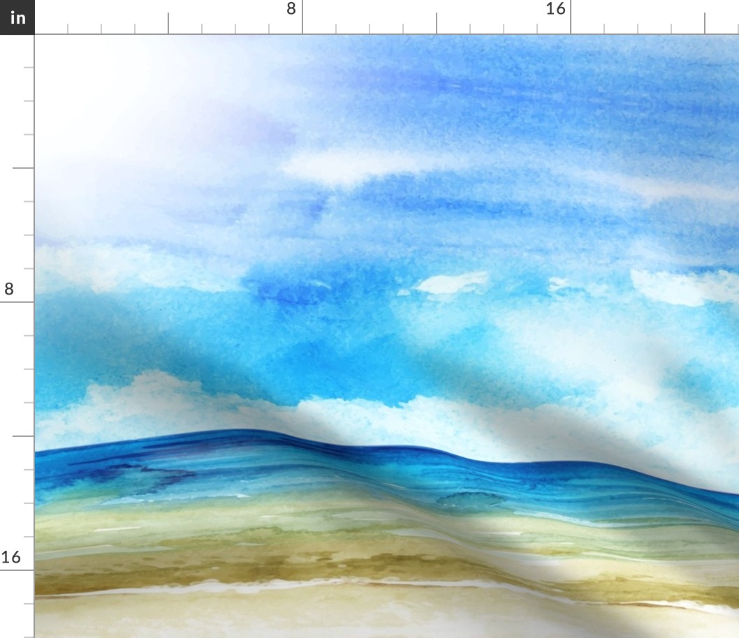 Watercolor Beach Ocean Summer Sky