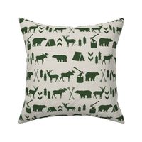 woodland camping tan and hunter green moose bear fabric